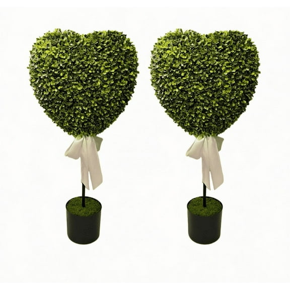 Boxwood Heart with Bow Topiary, Green and White, 32", Valentine's Day Decorations,2PCS