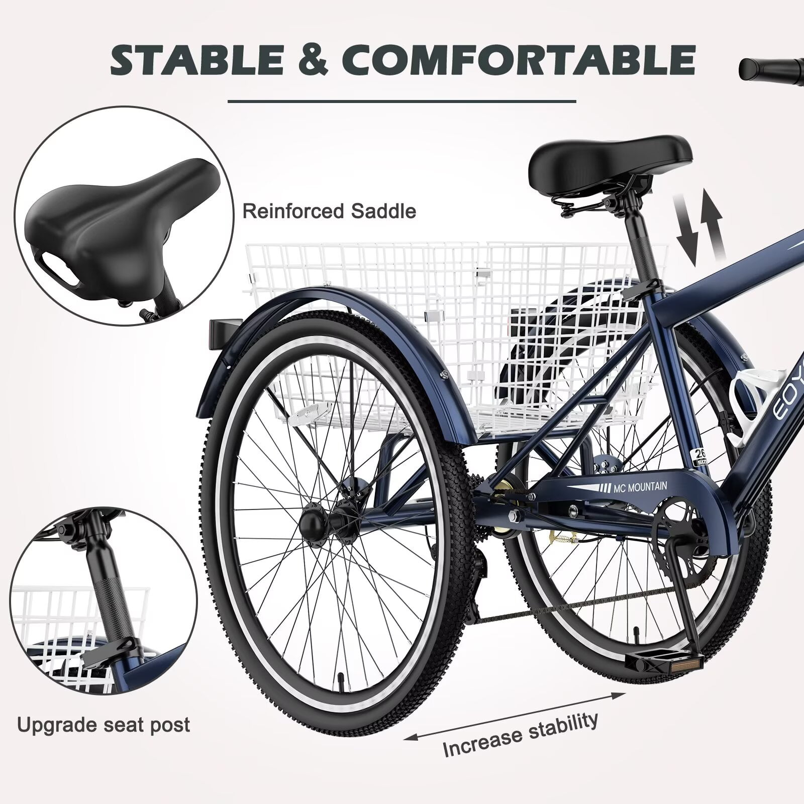 Lilypelle Mountain Tricycle for Adults, MTB 7 Speed Three Wheel Bike, 24/26/27.5 Inch Adults Trikes w/ Disc Brake & Cargo Basket for Women, Men, Seniors