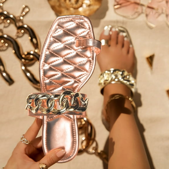 VerPetridure Women's Sandals Casual Vacation Open Toe Decorative Buckle Chain Solid Flat Beach Slippers