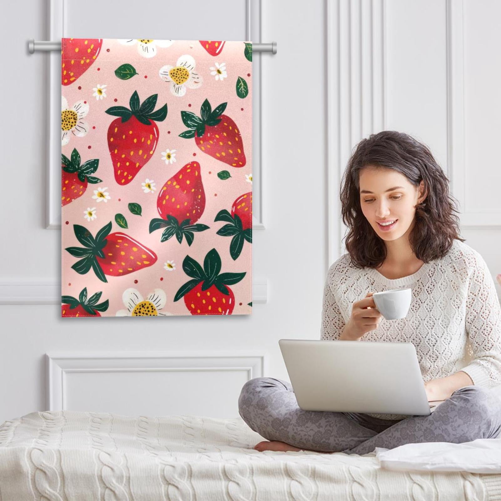 Strawberries and Cute Flower on Pink Background Double Sided Garden Flag Decorative Weather Resistant Yard Flag, Large DIY Vertical Flag for Farmhouse Patio Lawn, 28x40 Inch