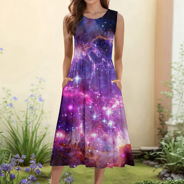 WILLBEST Vestido Casual Para Mujer, Vestido Informal Con Estampado De Cielo Estrellado Y Bolsillos Sin Mangas Para Mujer 237