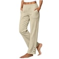 thumbnail image 2 of Petite Pants for Women Linen Ankle Pants Elastic High Waist Straight Leg Button Hem Split Handy Pockets Breathable Summer Casual Solid Trousers Khaki XL, 2 of 6