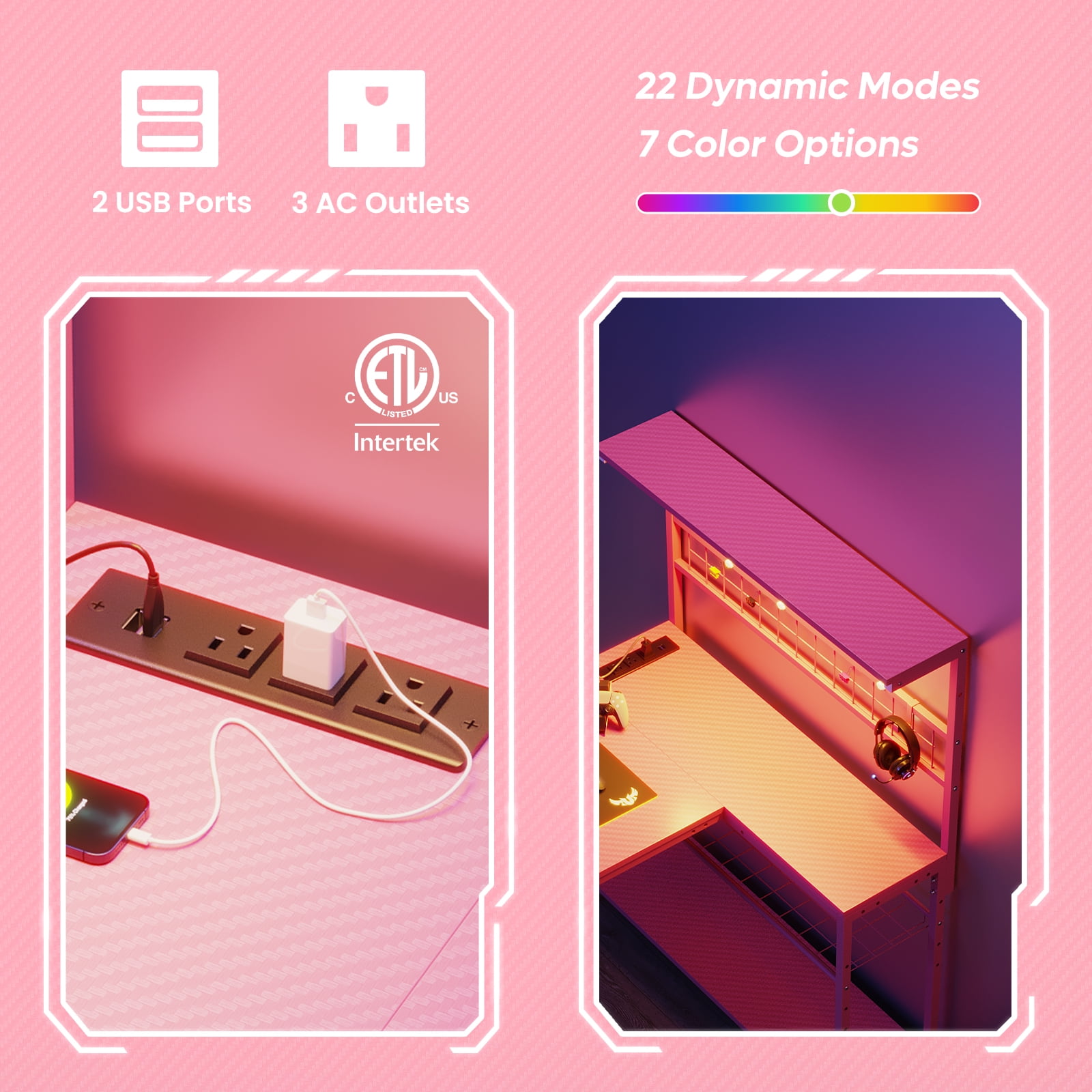 Bestier 42 inch L Shaped Gaming Desk with LED Lights & Power Outlet, Reversible Corner Computer Desk with Hutch & Storage Shelves for Home Office, Pink