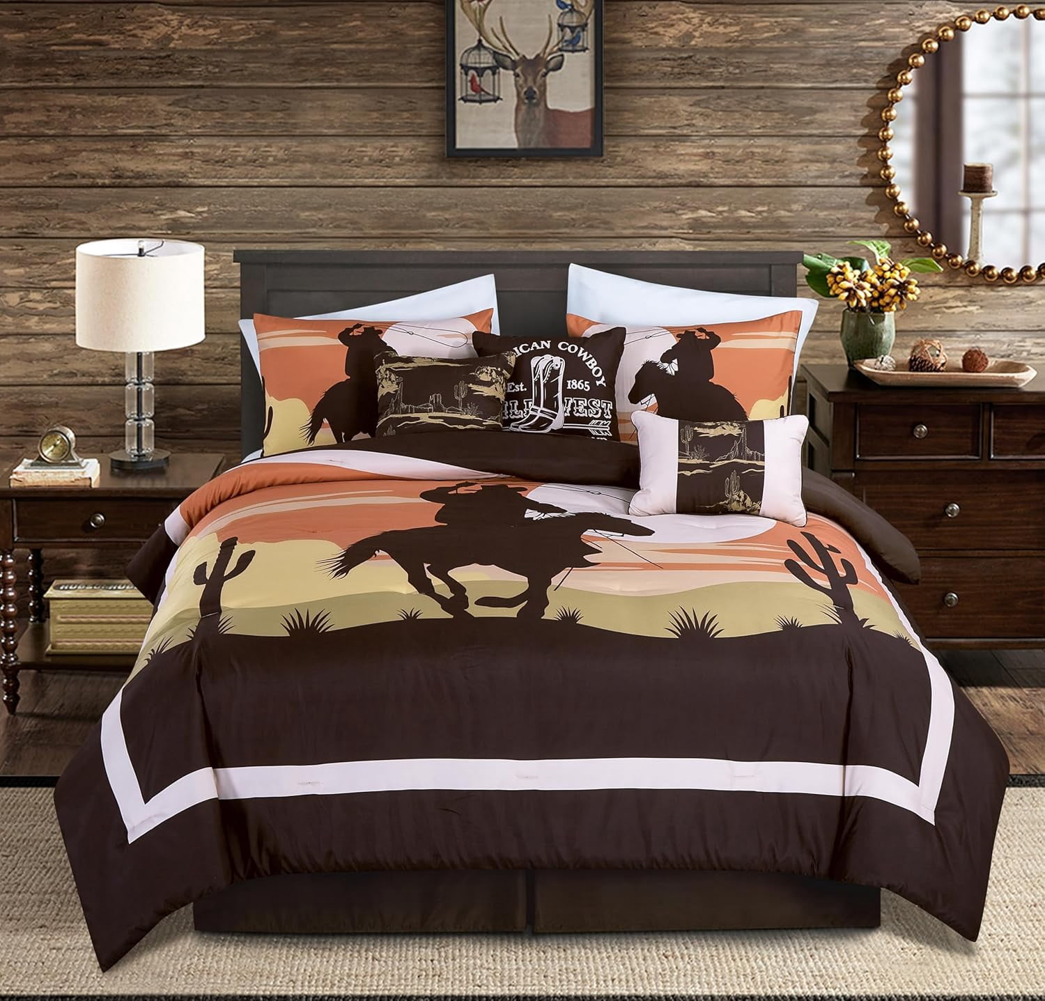 Chezmoi Collection Paseo 7-Piece Southwestern Sunset Cowboys Comforter Set, Multicolor Orange Brown Yellow White Printed Washed Microfiber Bedding, King