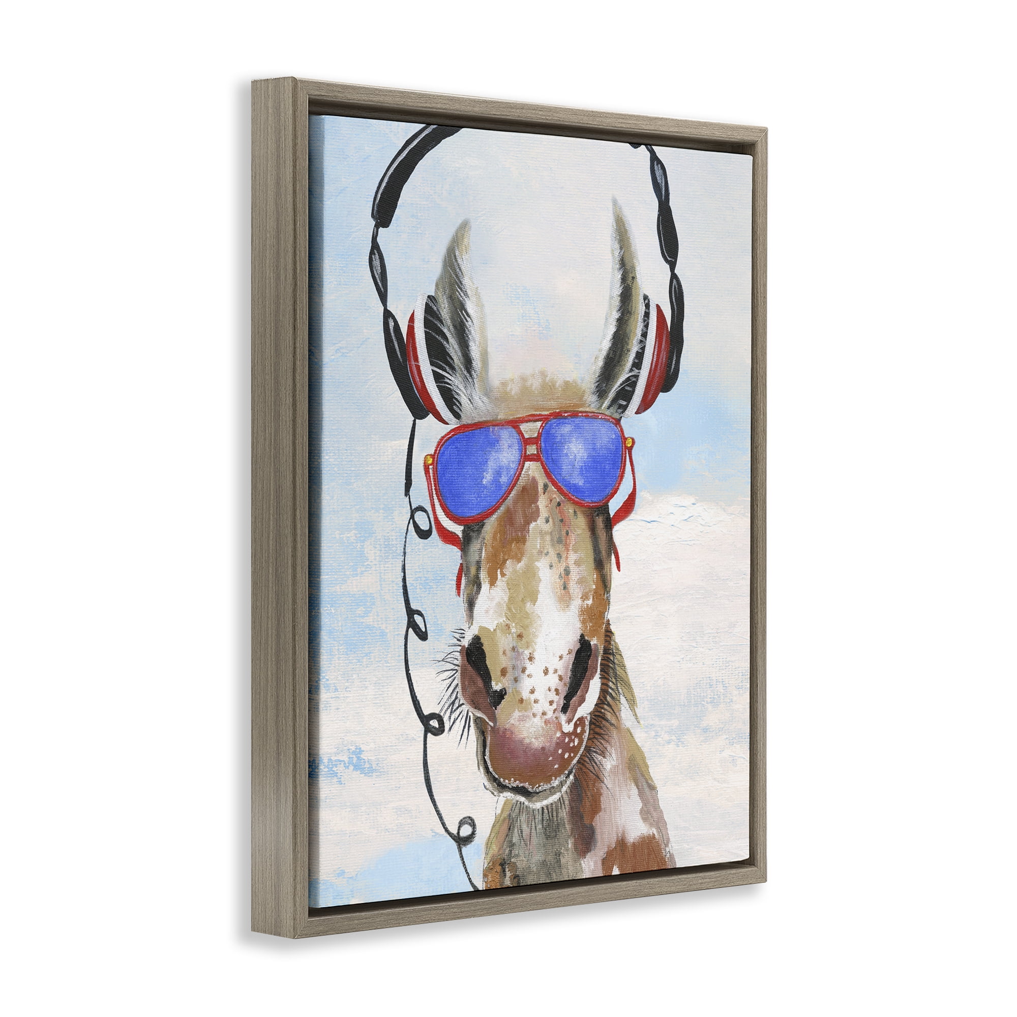 Stupell Industries Donkey Wearing Headphones Brown Framed Floater Canvas Wall Art, design by Janet Tava