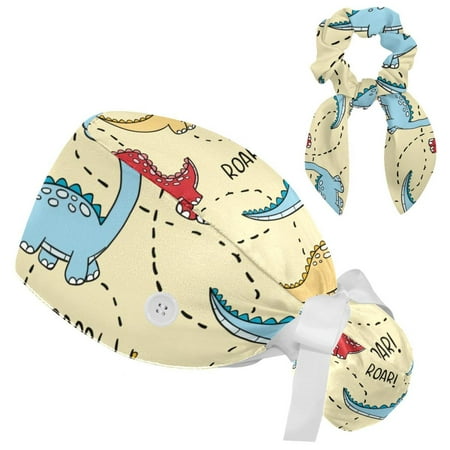 

Working Cap with Buttons and Sweatband Scrub Hat Bouffant Caps with Scrunchie Dinosaur Tie Back Hats