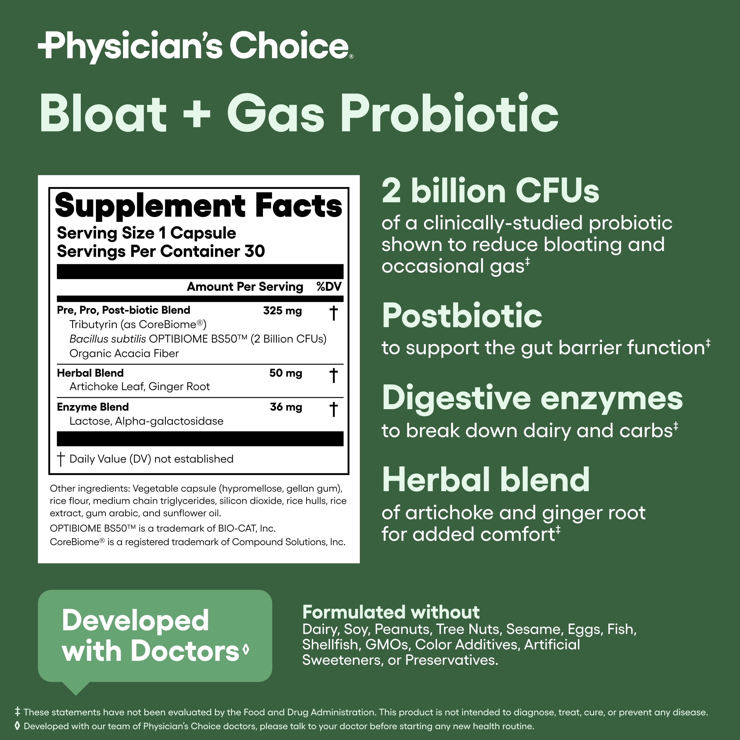 Physician's Choice Bloat & Gas 5-in-1 Probiotic for Digestion Support & Gas Relief, 30 Count