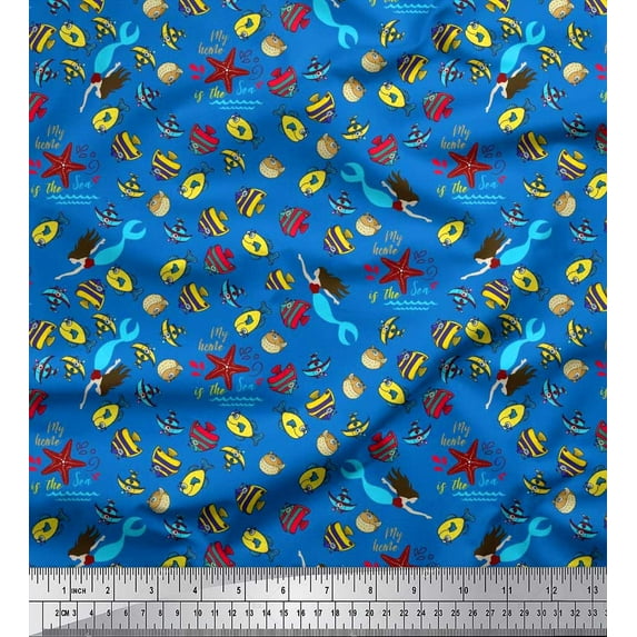 Soimoi Polyester Crepe Fabric Fish,Mermaid & Starfish Ocean Decor Fabric Printed Yard 52 Inch Wide