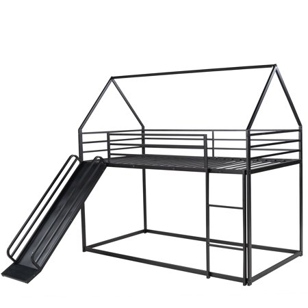 Twin over Twin House Bunk Bed with Ladder and Slide Black and White Black
