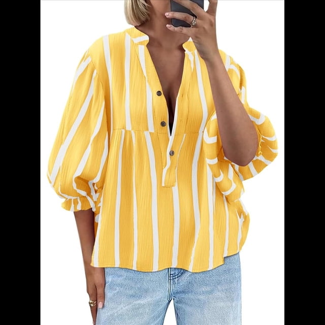 Blusa de Verano A Rayas con Cuello en V y Mangas Abullonadas para Mujer, Estilo Babydoll, Holgada e Informal Amarillo L