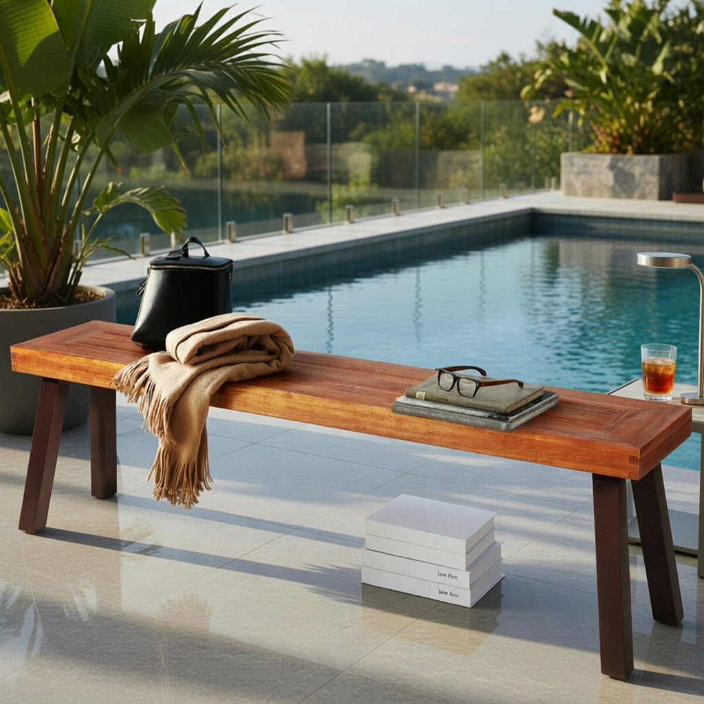 Hommoo 2-Pack Outdoor Acacia Wood Dining Benches for Patio, Rust-Resistant Steel Frame, Brown