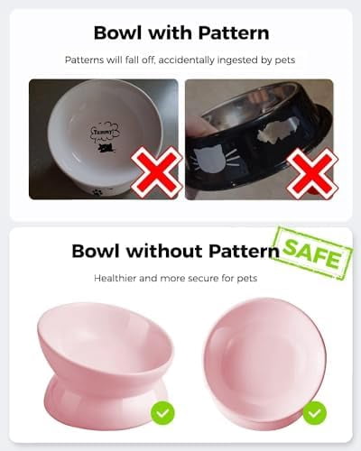 Elevated Cat Food Bowl, 5 Oz Ceramic Raised and Tilted Water Bowl, Anti Vomiting and Protect Pets' Spines Dishes for Small Dog, Fat Faced Cat, Kitten (Pink, 2 Pack)