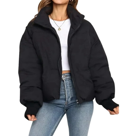 Women'S Winter Cropped Puffer Jacket Coat Short Warm Quilted Jacket Black L