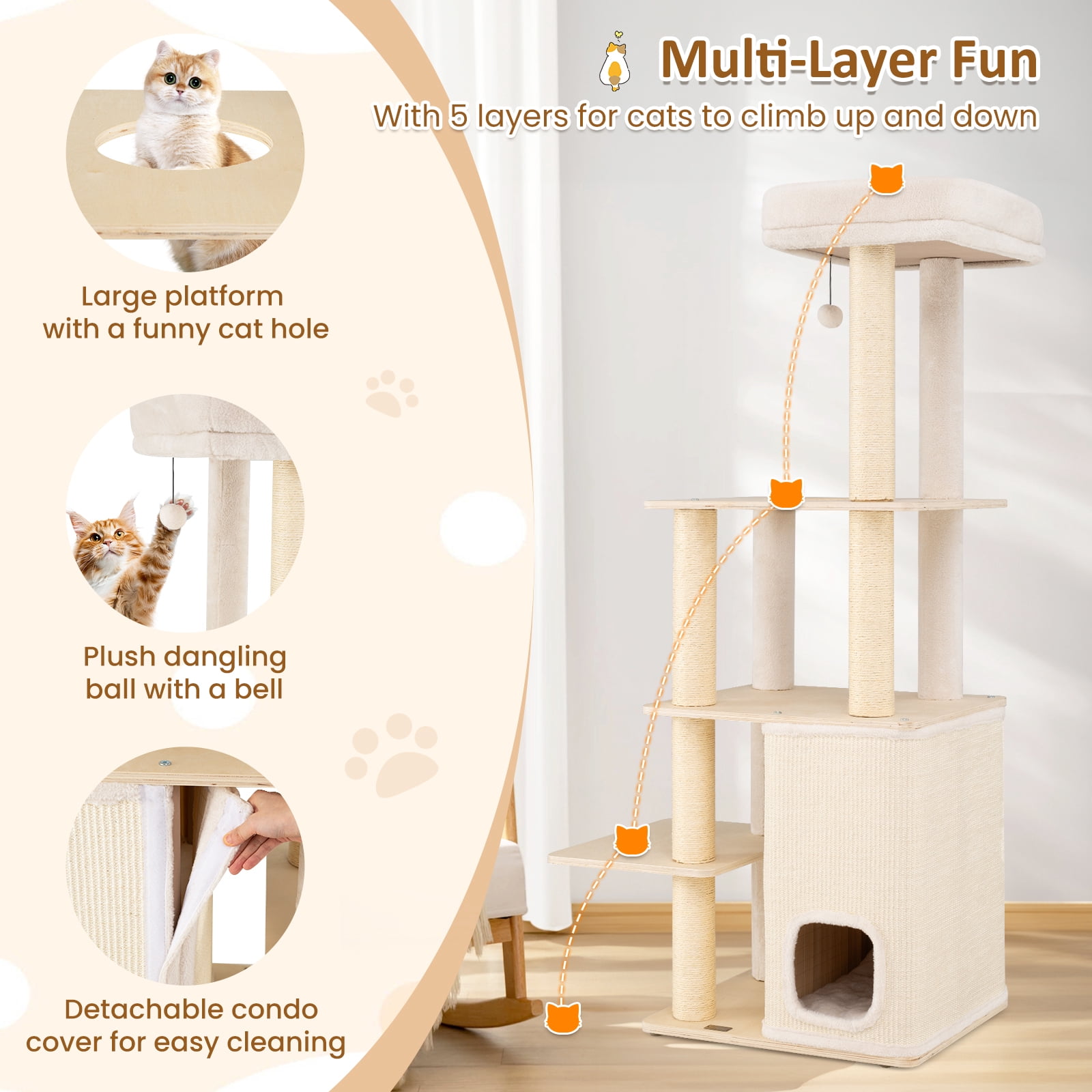 Gymax 63'' Tall Wooden Cat Tree w/2-Story Condo Plush Padded Top Perch Dangling Ball