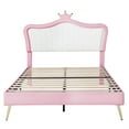 thumbnail image 4 of Queen Size Upholstered Bed Frame with LED Lights, Modern PU Upholstered Princess Bed with Crown Headboard, No Box Spring Needed (White+Pink), 4 of 8