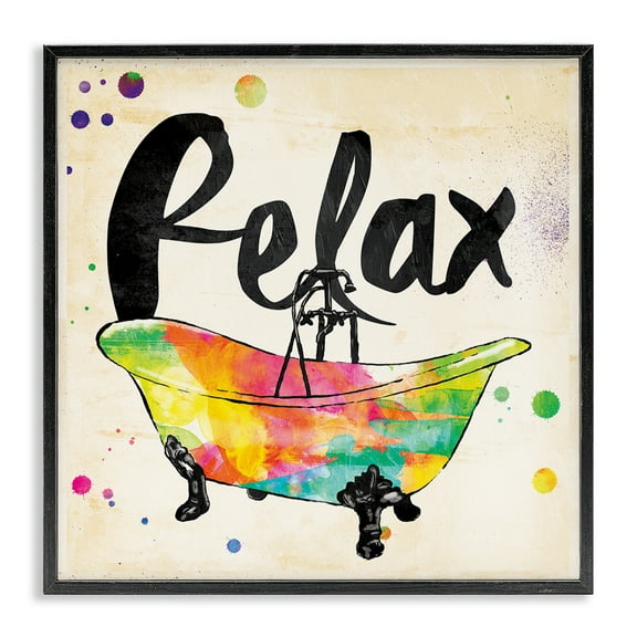 Stupell Industries Relax Rainbow Colors Icon Bath Typography Painting Black Framed Art Print Wall Art, 12 x 12