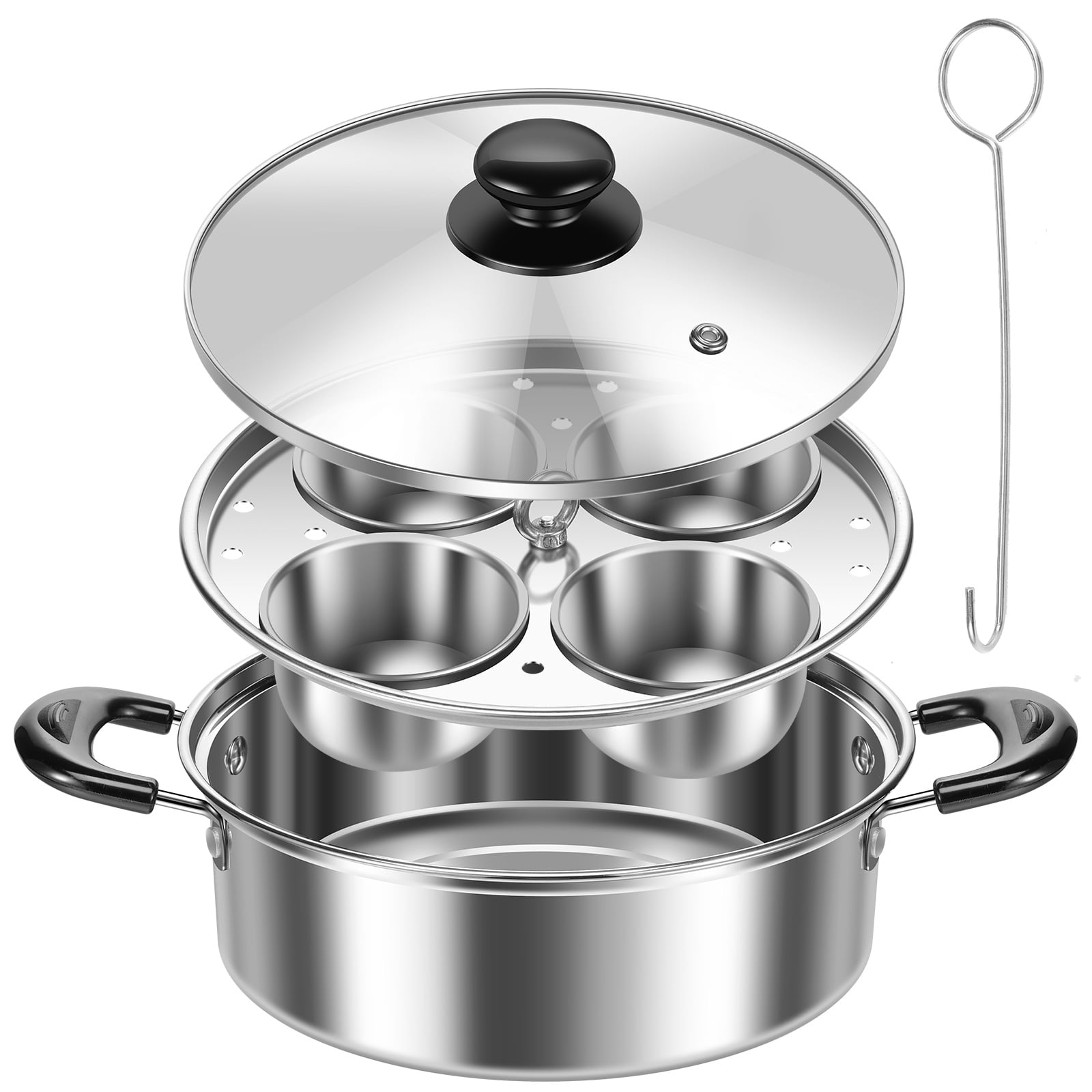 Ihvewuo Egg Poacher Cookware, Stainless Steel Poached Egg Maker Pot, Egg Poaching Pan with 4 Cups, Poached Egg Cooker Pot for Induction Cooktop Gas Cooktop 8.66x7.87x2.68in