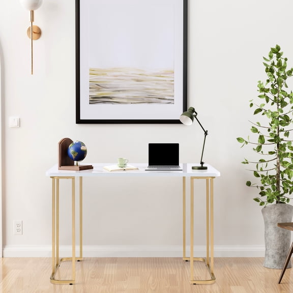 Office White And Gold Rectangular Work Desk - Ample Space Stability Use Studying Table Maximize Your Learning Progress