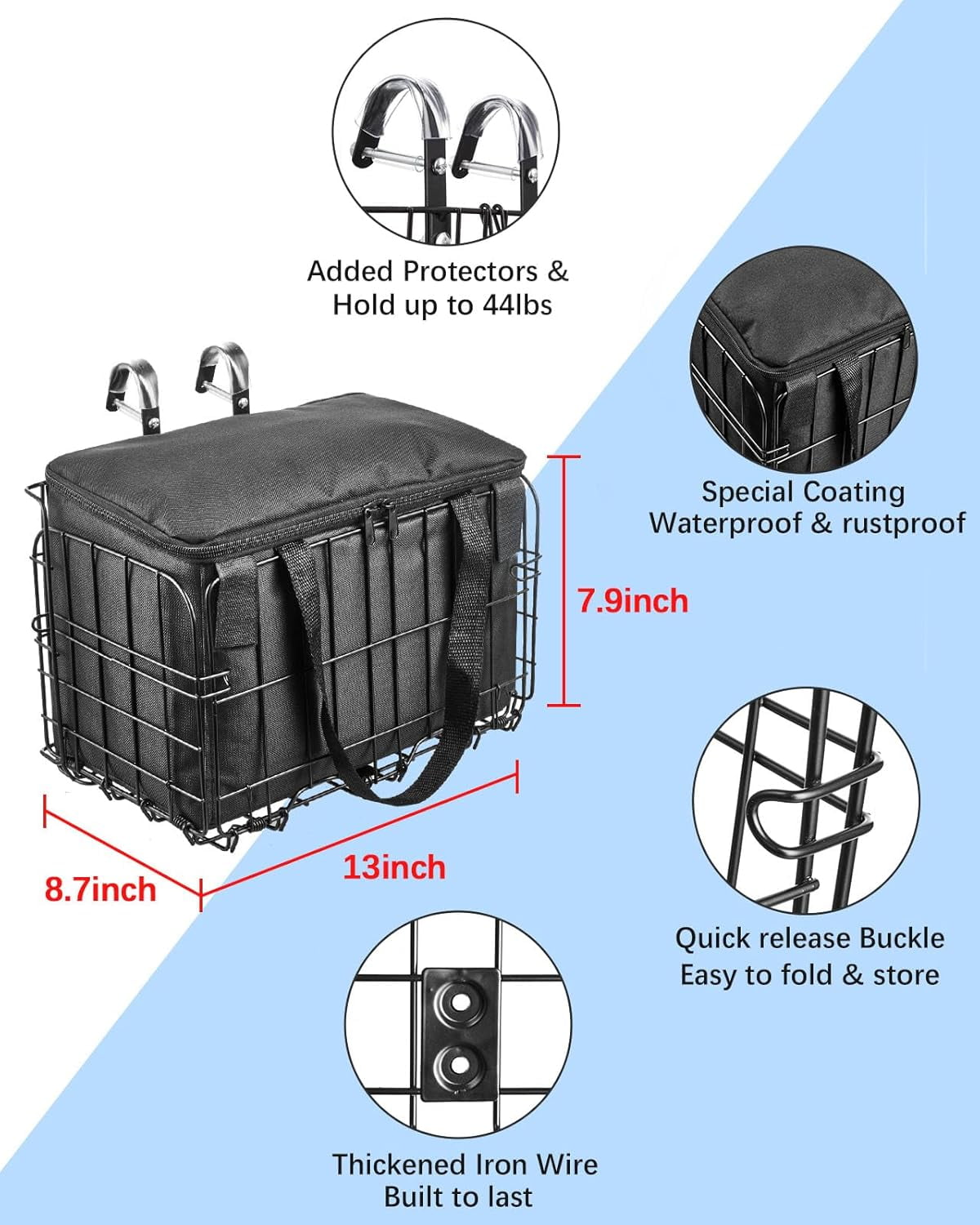Zacro Bike Basket Front, Folding Bicycle Basket with Removable Liner Bag, Large Quick Release Design Metal bike Basket for Carrying Dogs, Pets, Fruit & Grocery