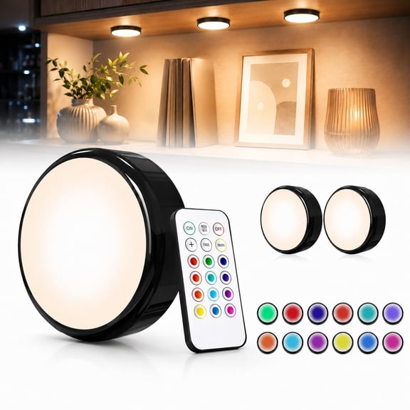 LED Puck Lights 3 Pack, Dimmable 12 Color Changing Battery Lights with Remote & Timer, Wireless Stick-On Under Cabinet Lighting for Kitchen, Closet, Cabinet, Stairs, Black