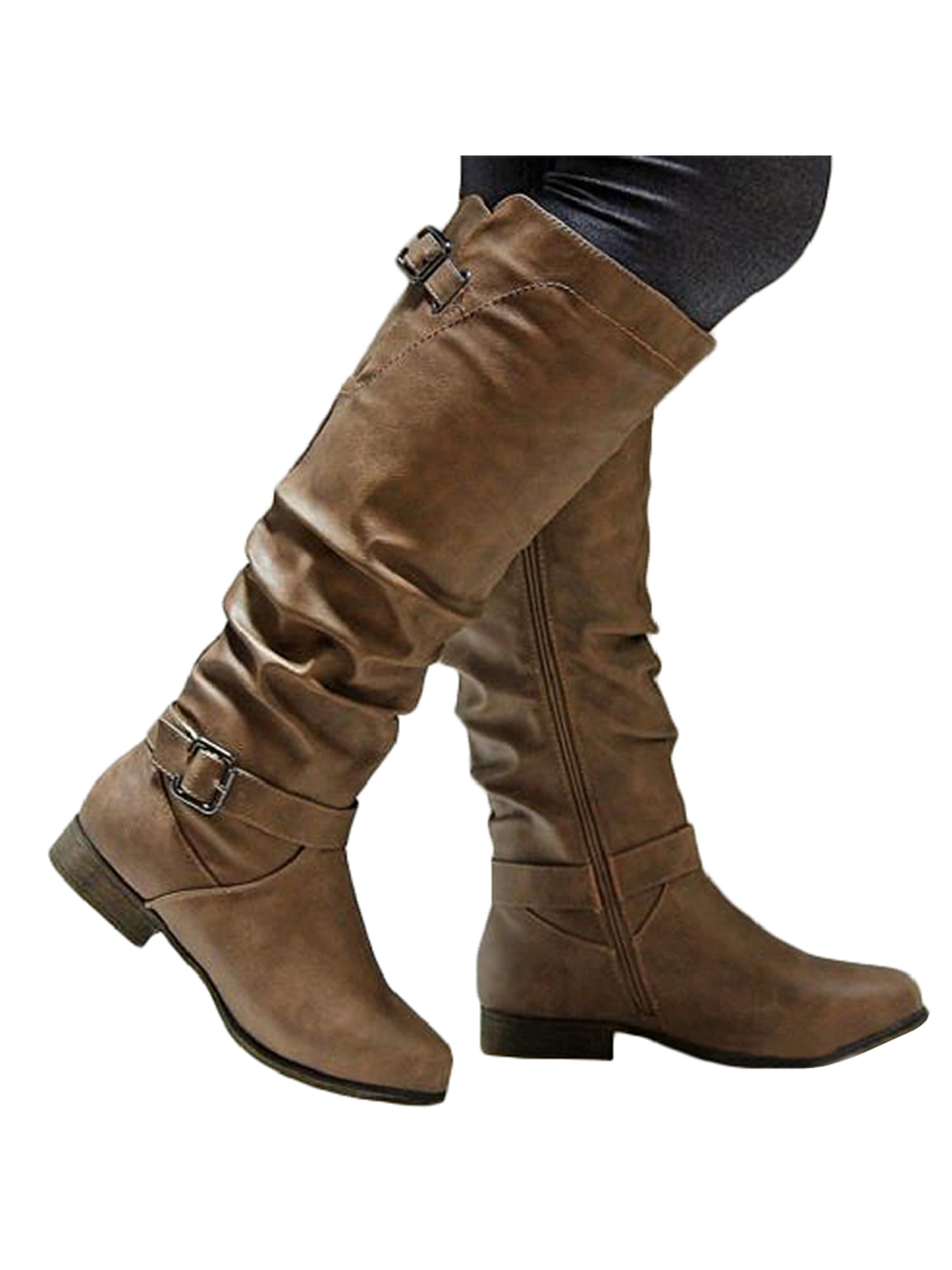Women PU Leather Round Toe Mid Calf Boots Buckle Riding Knee High Boots Shoes