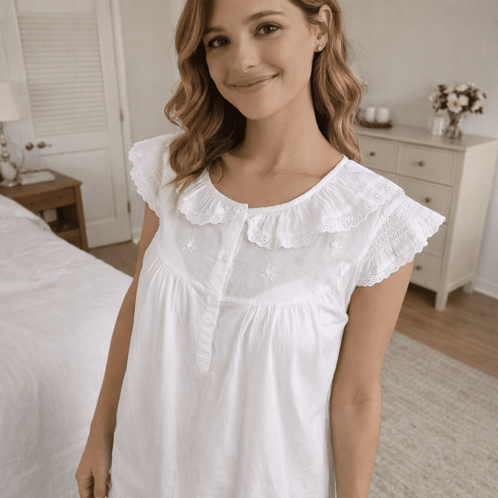 StylesILove Handmade Women Embroidered Eyelet Accent Night Dress White