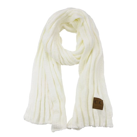 C.C Women's Ultra Soft Chenille Ribbed Thick Warm Knit Shawl Wrap Scarf-Ivory