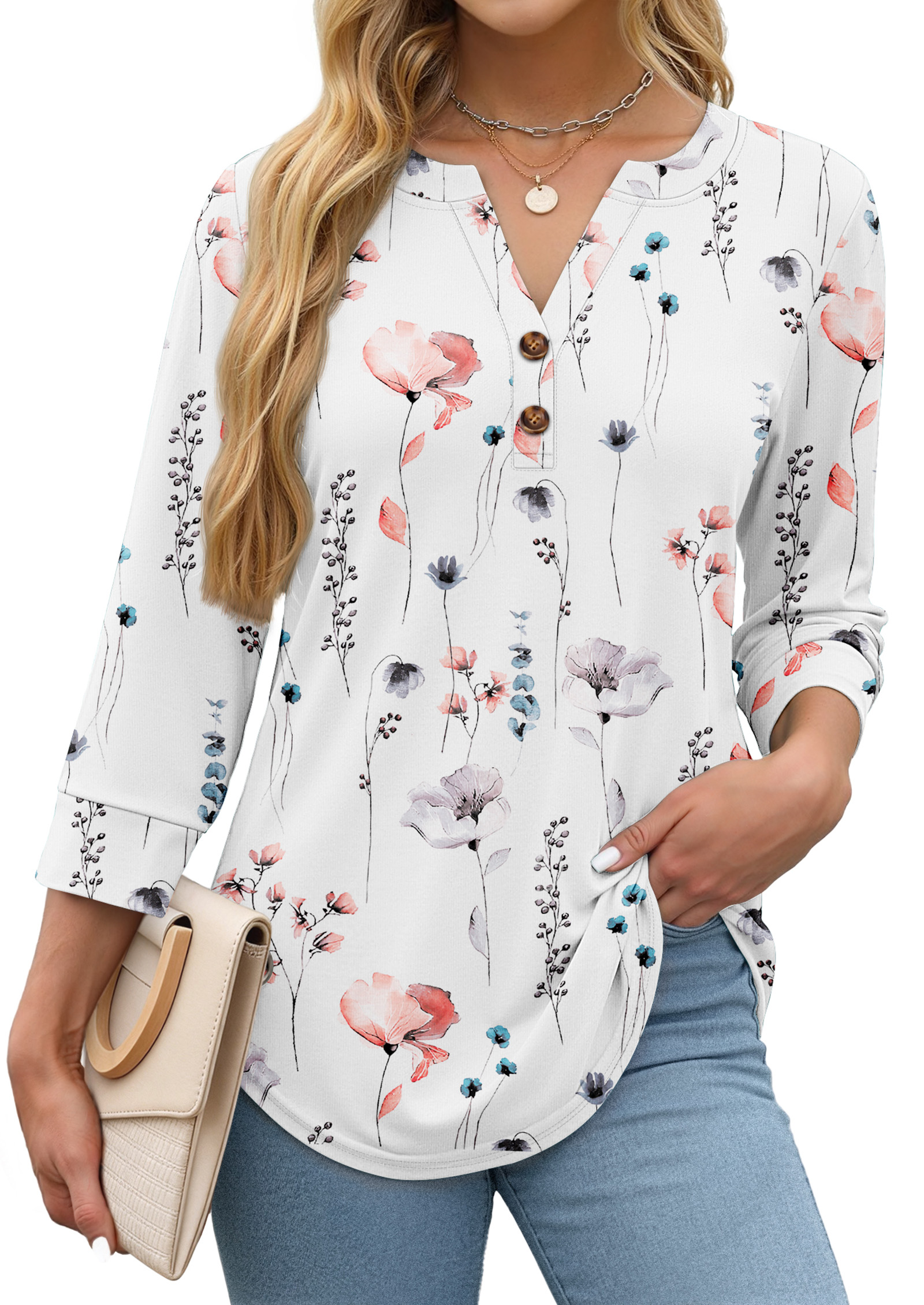 Fantaslook Womens Blouses 3/4 Sleeve V Neck Henley Shirts Dressy Casual Tops Summer Fall Fashion Clothes