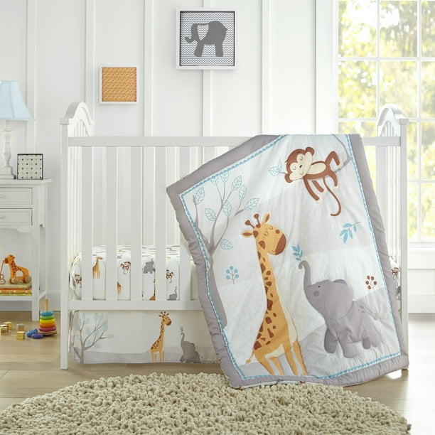 Nanshing Baby Elephant 3 Piece Baby Nursery Crib Bedding Set, Grey
