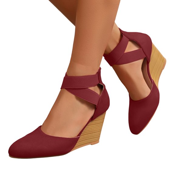 Women's Closed Toe Wedges Heels Sandals Elastic Ankle Strap Platform Elegant Dress Shoes Lightweight Walking Heels Red Size 7
