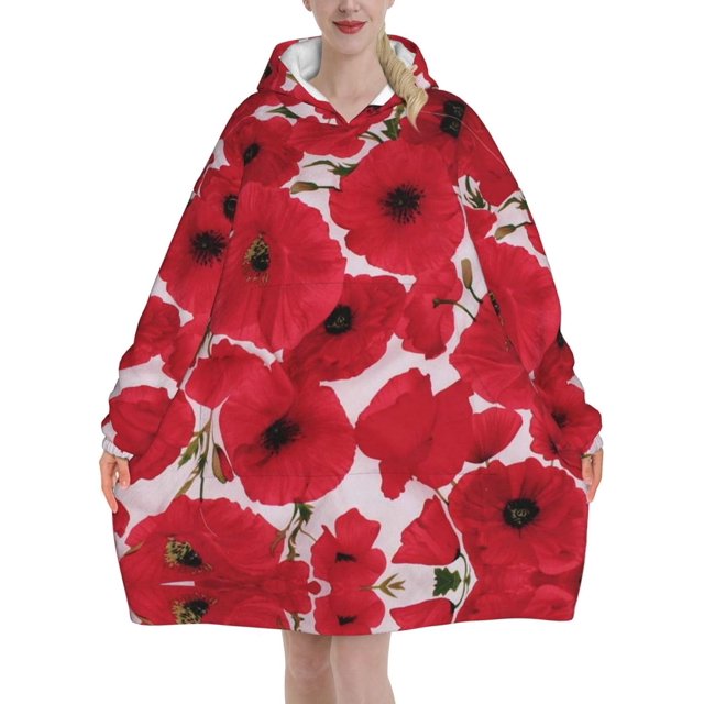 Poppy Red,Women's Oversized Wearable Blanket Hoodie, Blanket Sweatshirt,Flannel Pullover Blanket