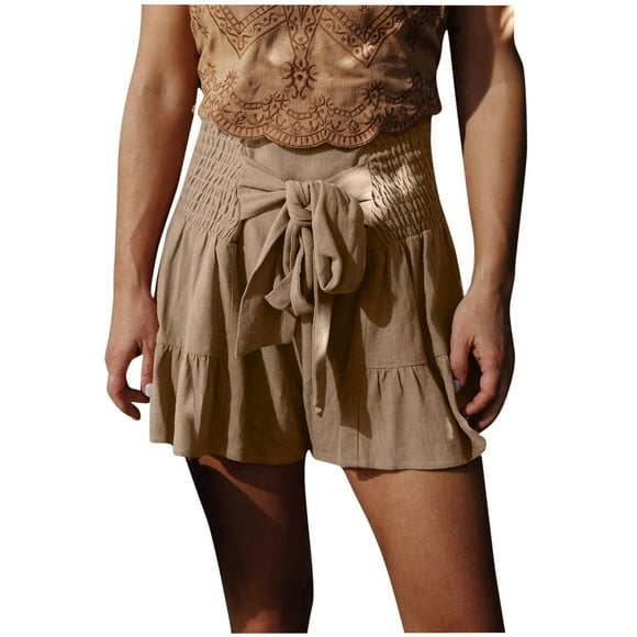 Womens Casual Summer Shorts Smocked Elastic Waist Bowknot Cotton Linen Beach Shorts Ruffle Lightweight Lounge Shorts