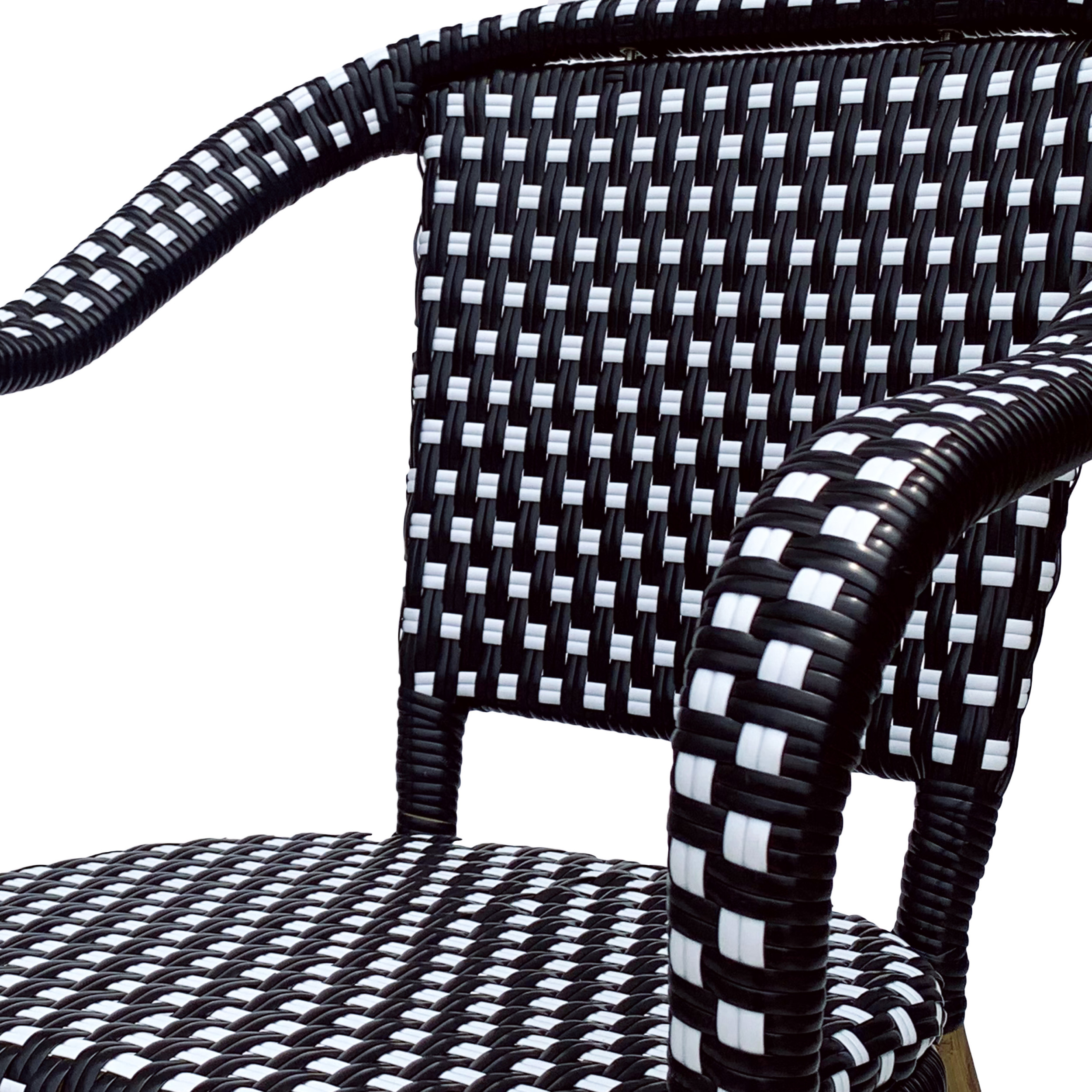 Baton Aluminum and Wicker Outdoor French Bistro Chairs, Set of 4, Black, White, and Wood Print
