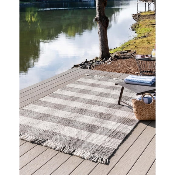 Unique Loom Eco Plaid Indoor Outdoor Washable Collection Area Rug - Balmoral (9' x 12' Rectangle Gray/Ivory)