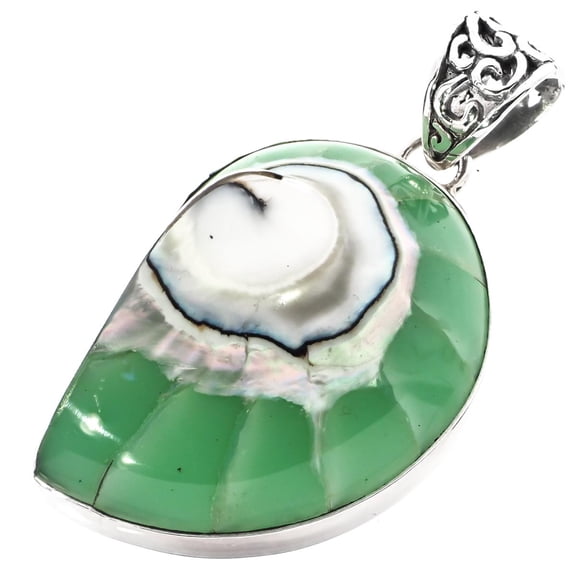 Turqoise-tone Green South Pacific Nautilus Shell 925 Sterling Silver Pendant, 1 3/4"