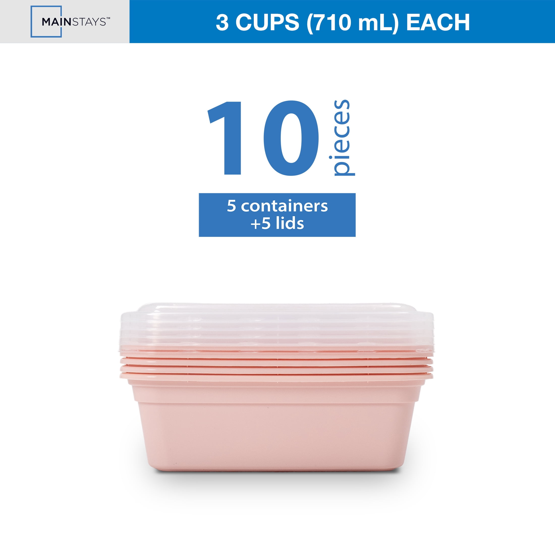Mainstays 5-Pack 1-Compartment BPA-Free Plastic Snack Meal Prep Food Storage Containers, 3 Cup, Pink Blush