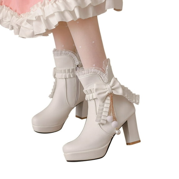 Tejiojio Waterproof Boots for Women, Fall Winter Lace Bow Tassel Beaded Lorita Thick Heels Women's Short Boots
