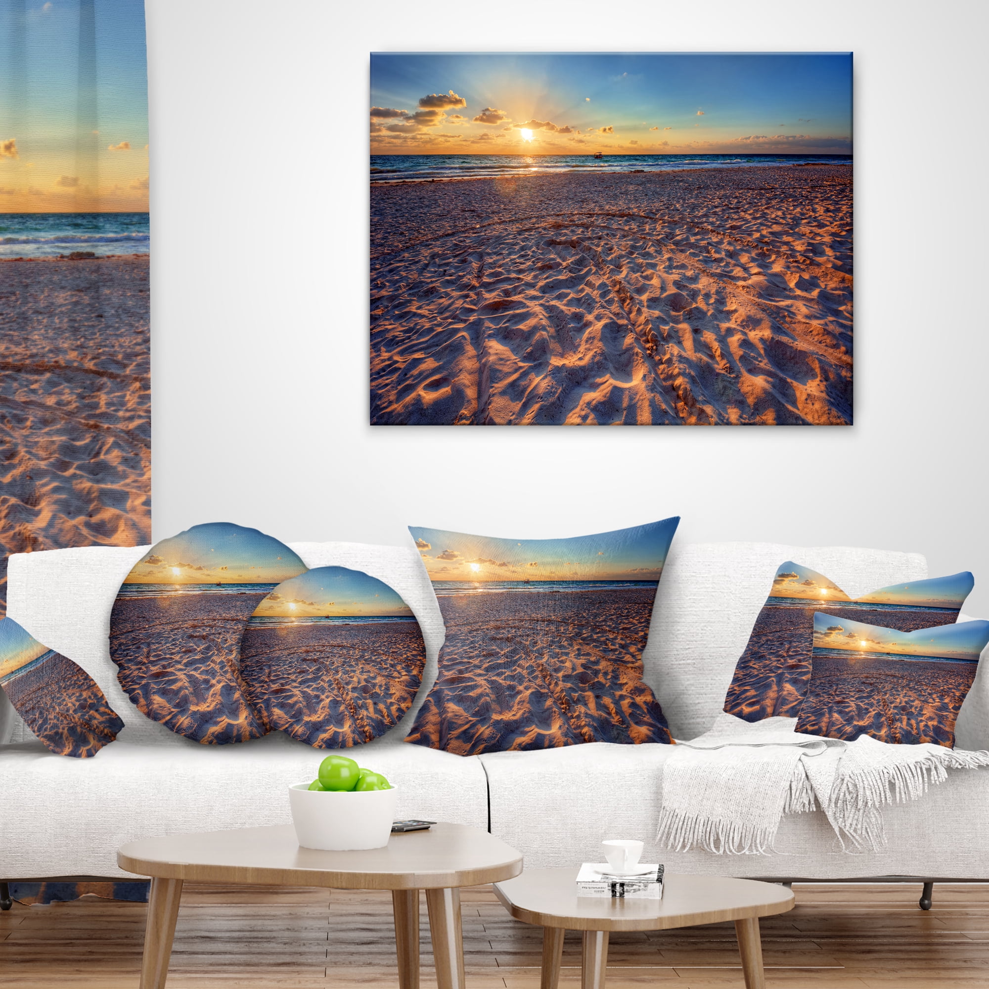 Designart Trodden Sandy Beach at Sunset - Seashore Throw Pillow - 18x18