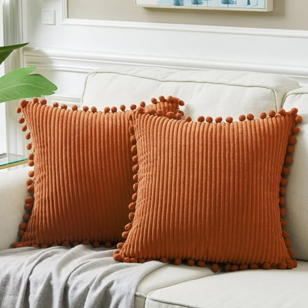 

Fancy Homi Pack of 2 Rust Fall Decorative Throw Pillow Covers 16x16 Inch with Pom-poms for Living Room Couch Bedroom Soft Corduroy Terracotta Solid Square Cushion Case 16x16 Boho Home Decor