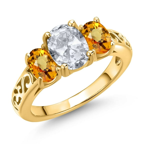 Gem Stone King 18K Yellow Gold Plated Silver White Topaz and Yellow Sapphire Filigree Style 3 Stone Ring for Women (2.73 Cttw, Oval 8X6MM and 6X4MM) (Size 9)