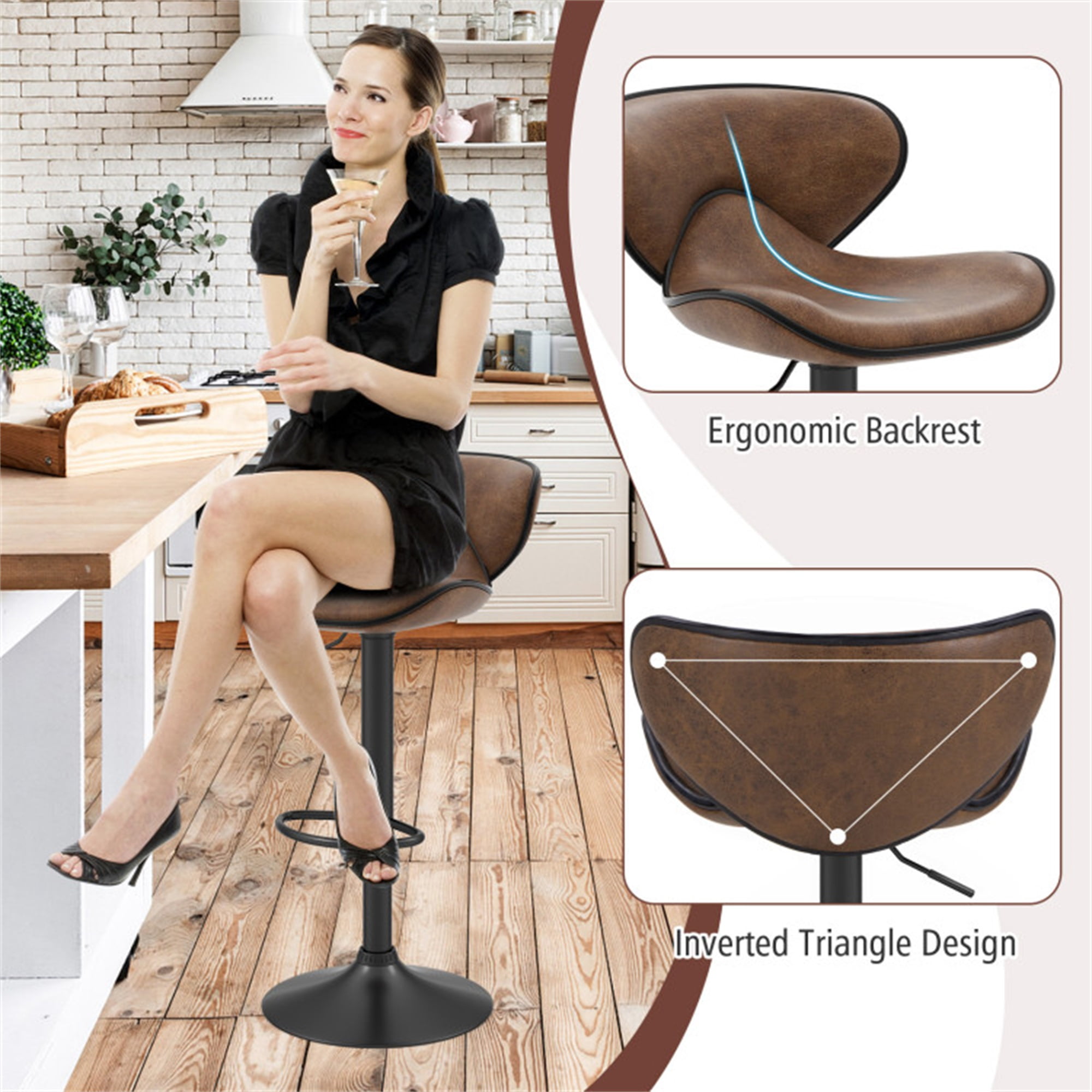 Demi Bonn Set of 2 Adjustable Swivel PU Leather Bar Stools with Curved Footrest, Modern Dining Chair with Backrests, Brown