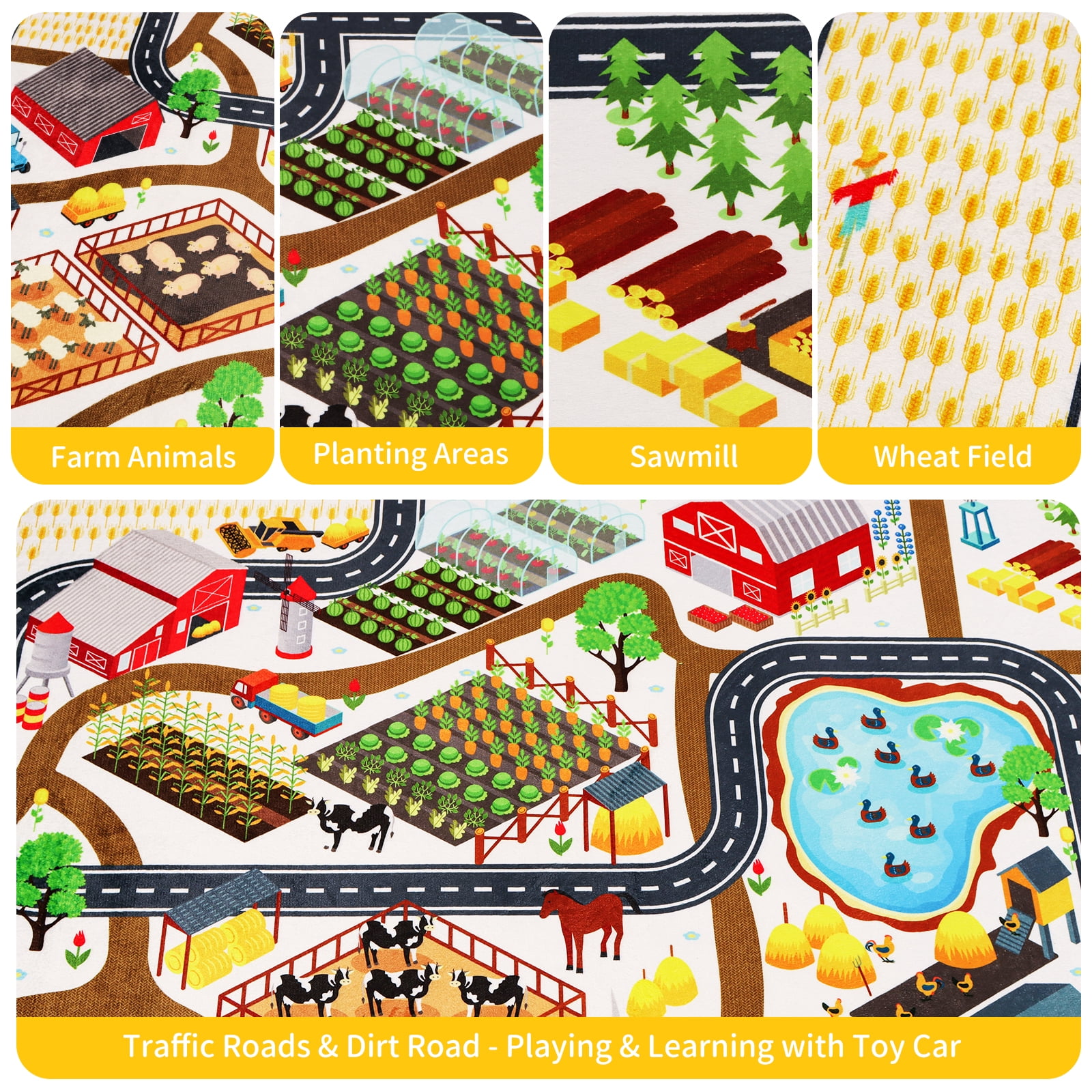 Kids Rug Car Rug for Toy Cars,Farm Life Road Traffic for Playroom Kid Car Road Rug Village Map Play Mat Non-Slip Washable Play Rug for Toddler Boy Family Tummy Time Playtime