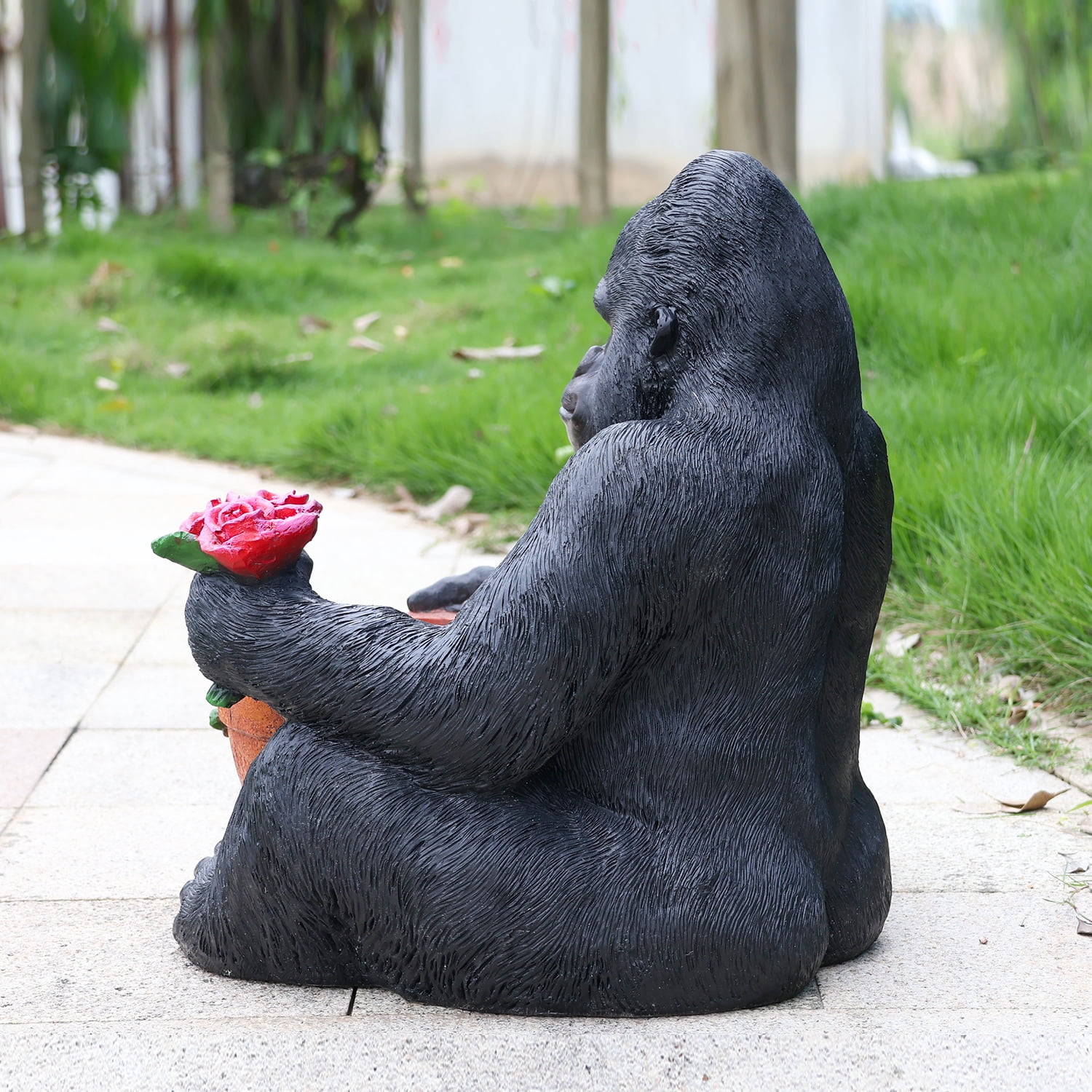 Outdoor Garden Chimpanzee Flower Pot Planter, Unique Yard Statue for Patio, Lawn, Garden, Zoo Themed Outdoor Decor, Black
