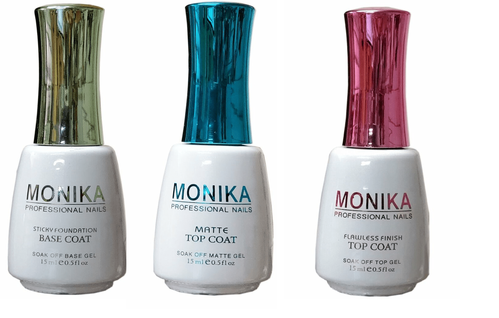 MONIKA Professional - UV/LED Soak off Gel (No-Wipe) TOP COAT/ MATTE TOP COAT & BASE COAT - 0.5 fl.oz/15mL