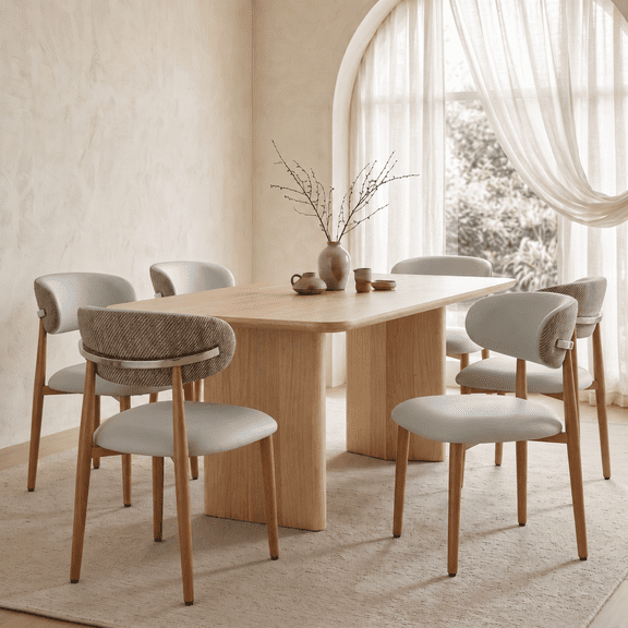 Dining Chairs Set of 6, Modern Faux Leather Upholstered Kitchen & Dining Room Chairs with Ergonomic Back, Light Natural Wood-Grain Metal Legs, Beige