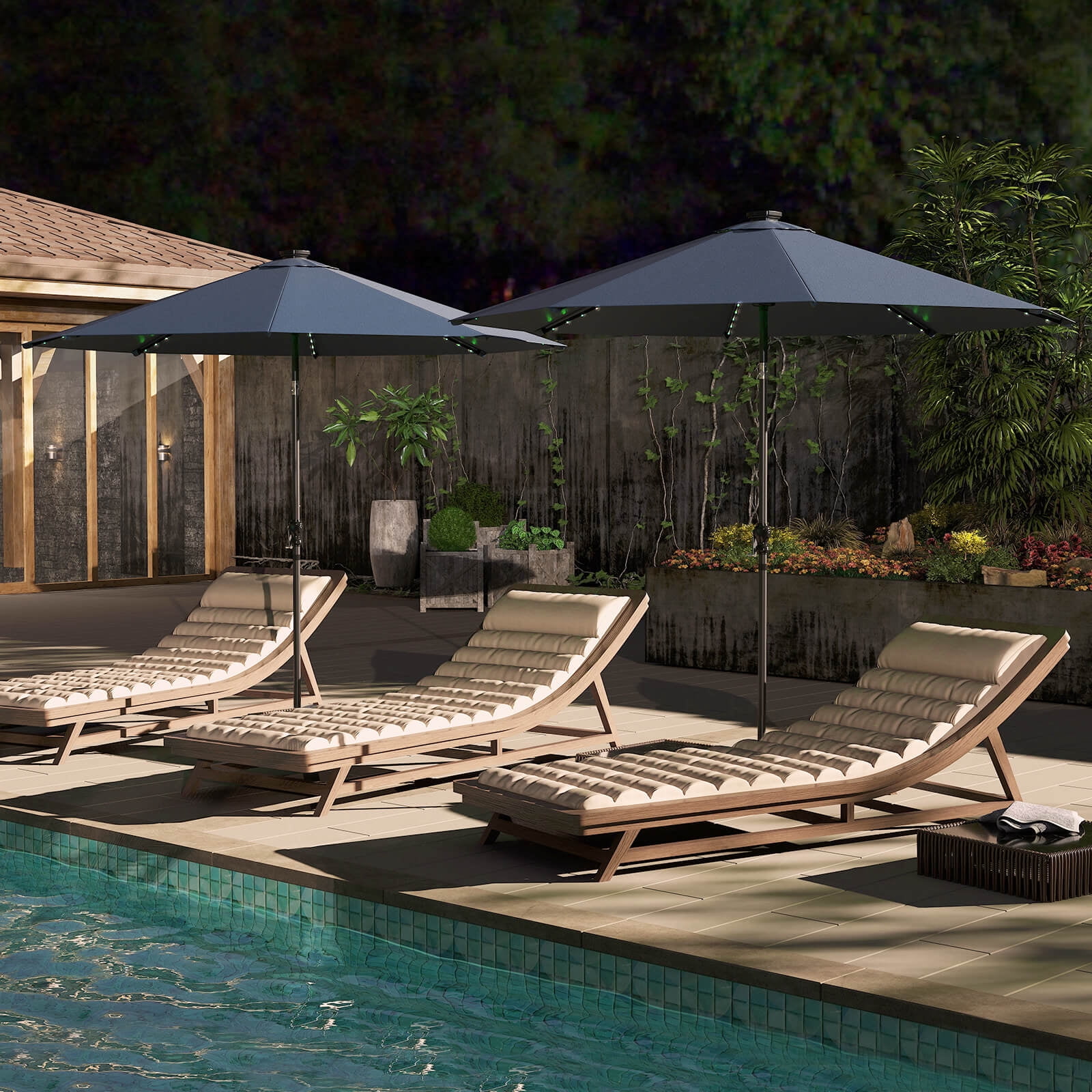 Costway 10 FT Solar Patio Umbrella with 96 LED Lights 35° Adjustable Tilt Vented Top Navy