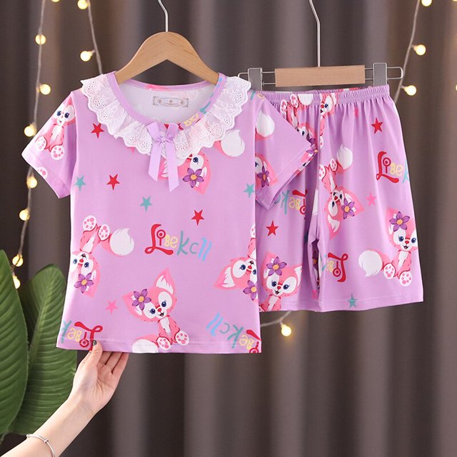 Frozen Elsa Summer Girls Pijamas Ropa de manga corta para niños Fragancia pequeña Small Middle Big Children Baby Homewear Set16 135-145CM Gao Jinjia LED