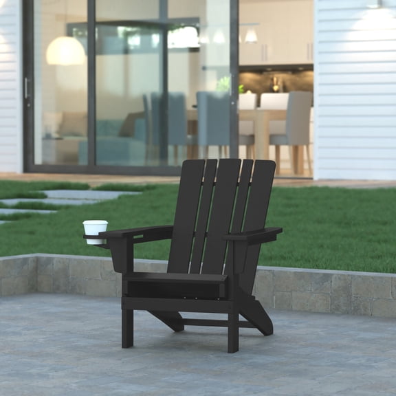 Emma Oliver Adirondack Chair with Cup Holder, Weather Resistant HDPE Adirondack Chair in Black