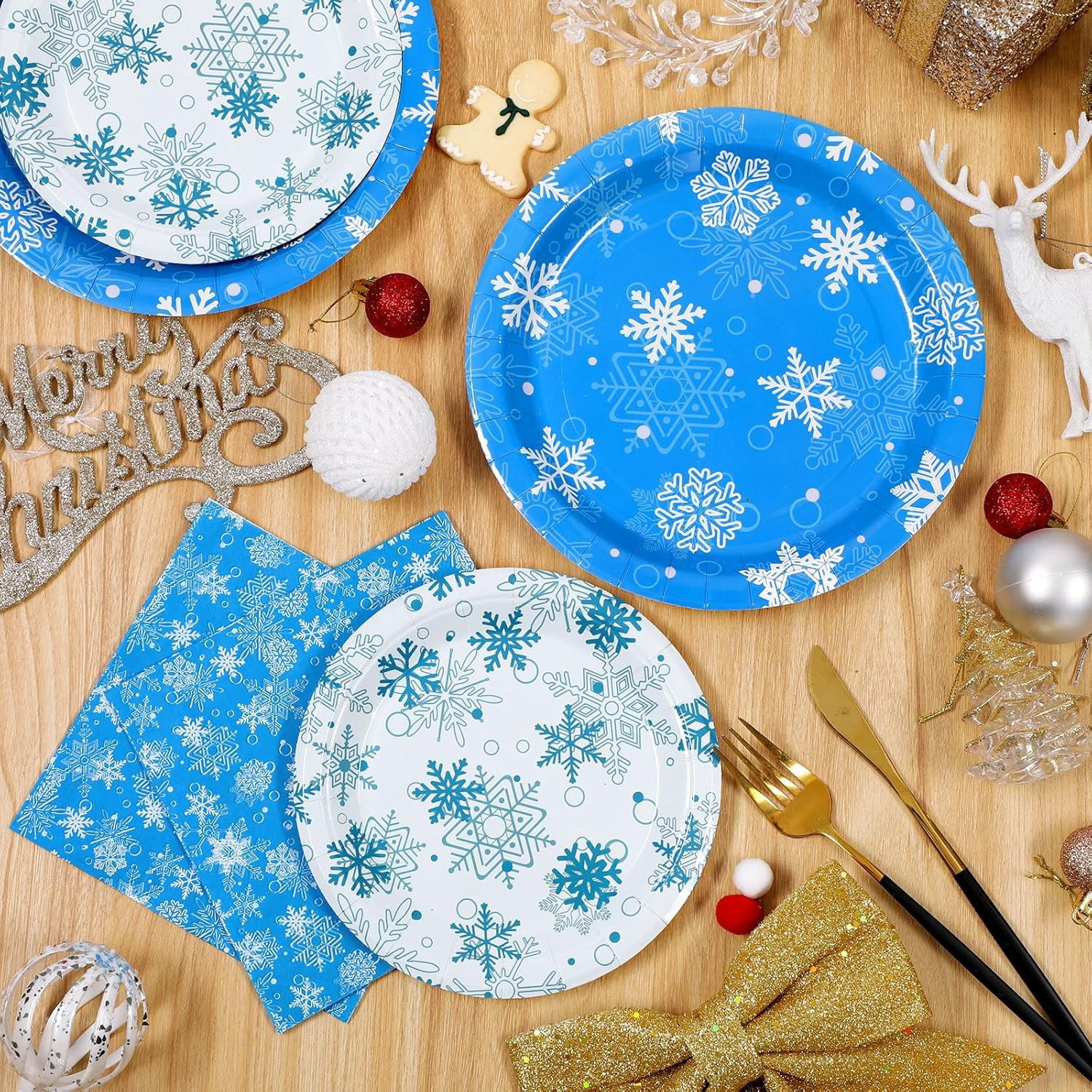 Waipfaru 200 PCS Christmas Paper Plates and Napkins White Snowflake Party Supplies Blue Disposable Dinnerware Set for Xmas Party