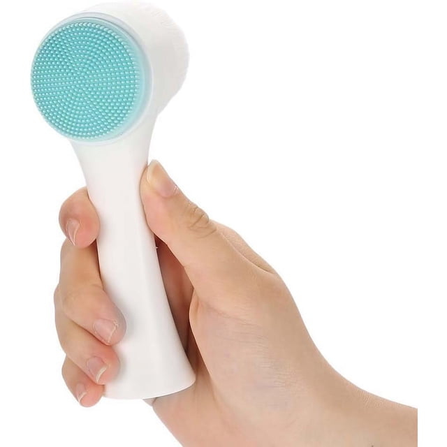 Cepillo de limpieza facial de doble cara para limpiar, exfoliar y masajear cerdas suaves, limpieza de poros de silicona facial, puntos negros, acné húmedo o seco multiusos (azul)